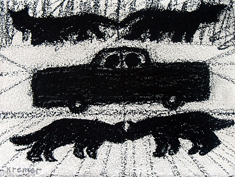 Cats and Cars, 1999, charcoal on paper, 21&amp;#215;29 cm