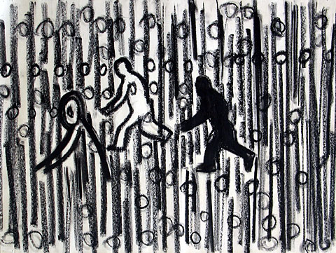 Three Figures I, 2006, charcoal on paper, 36&amp;#215;47 cm