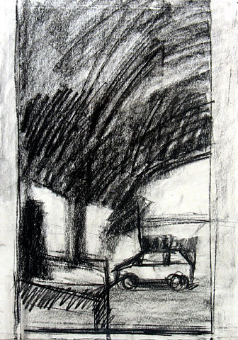 Tree and Car II, 2005, charcoal on paper, 36&amp;#215;26 cm