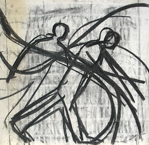 Two Figures III, 2006, charcoal on paper, 47&amp;#215;49 cm