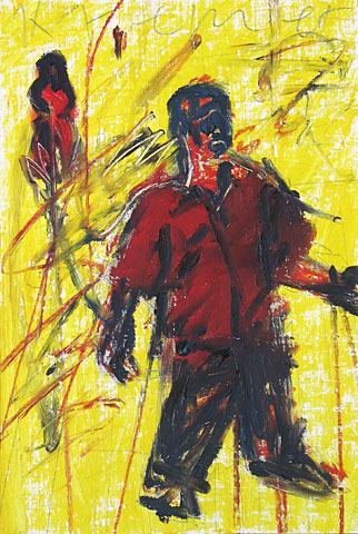 Two Figures and Yellow, 2001, oil on canvas, 41&amp;#215;28 cm